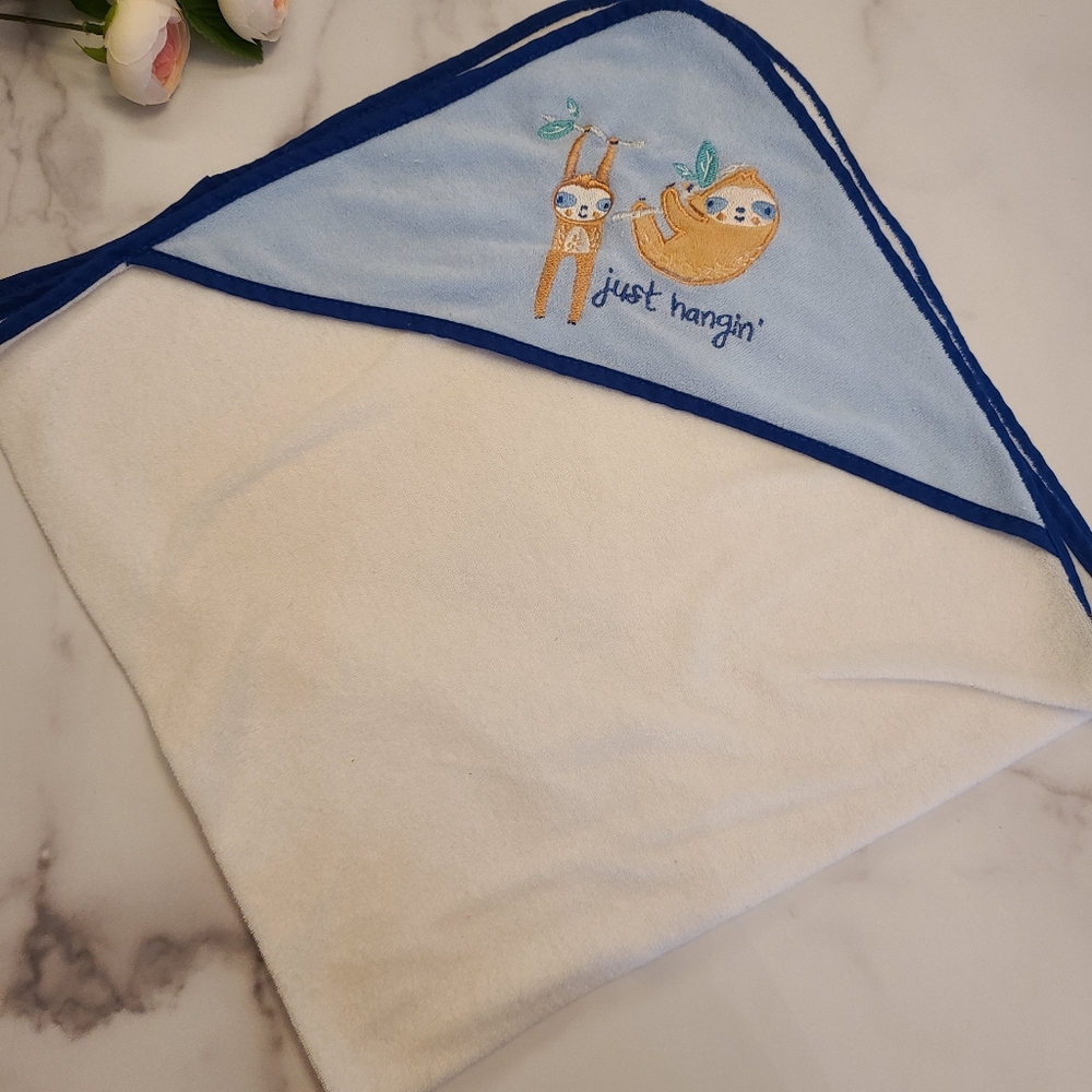 Hooded towel for infant, hanging Sloth embroidery,  20 inches square